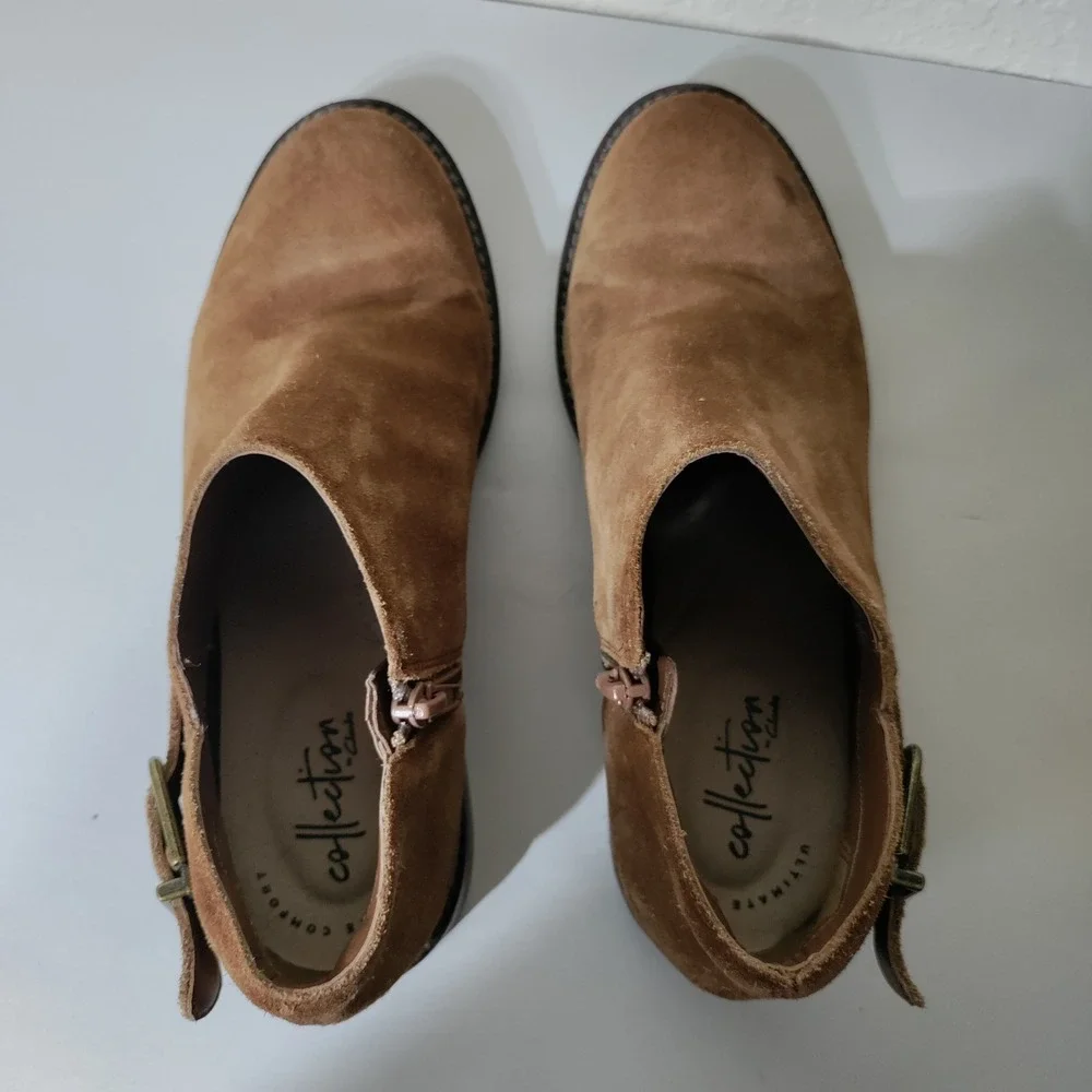 Clarks Collection Suede Ankle Boots Tan Brown Buckle Zip 7.5 261467234050